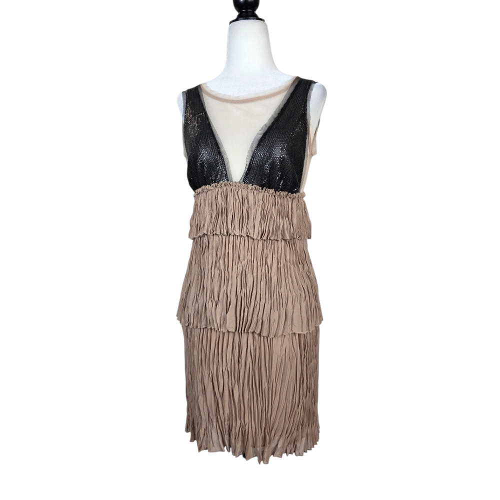 BCBGMAXAZRIA Averil Pleated Nude Mesh Party Dress